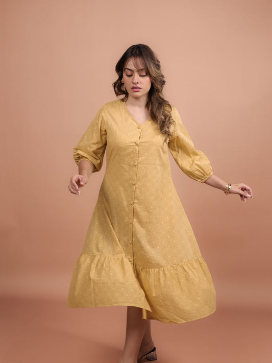 Mustard Cotton Tiered Midi Dress