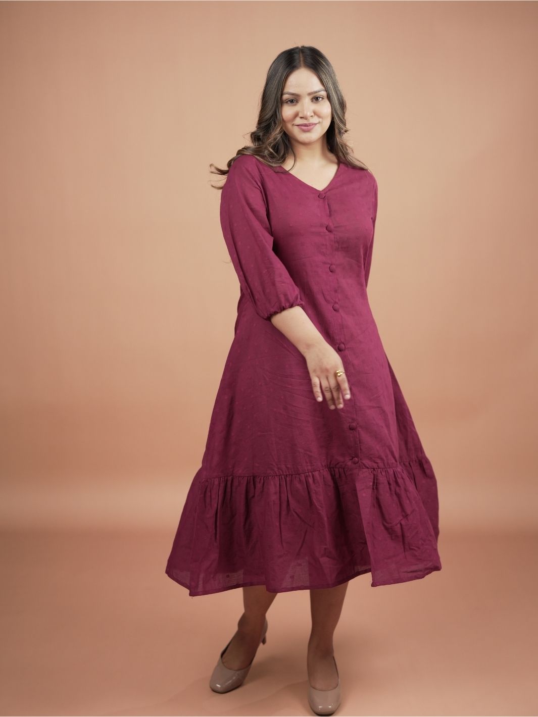 Plum Cotton Tiered Midi Dress